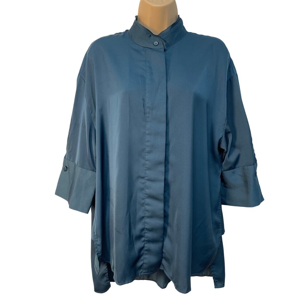 Who What Wear Teal Blue Satin Mandarin Collar High-Low Tunic Blouse Large L
